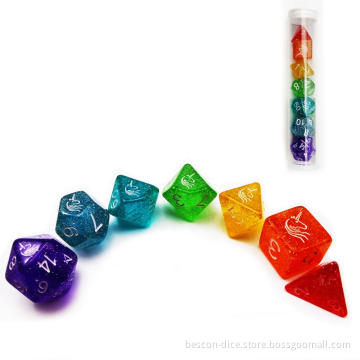 Bescon Unicorns Rainbow Sparkled Polyhedral D&D Dice Set of 7 Colorful RPG Role Playing Game Dice 7pcs Set